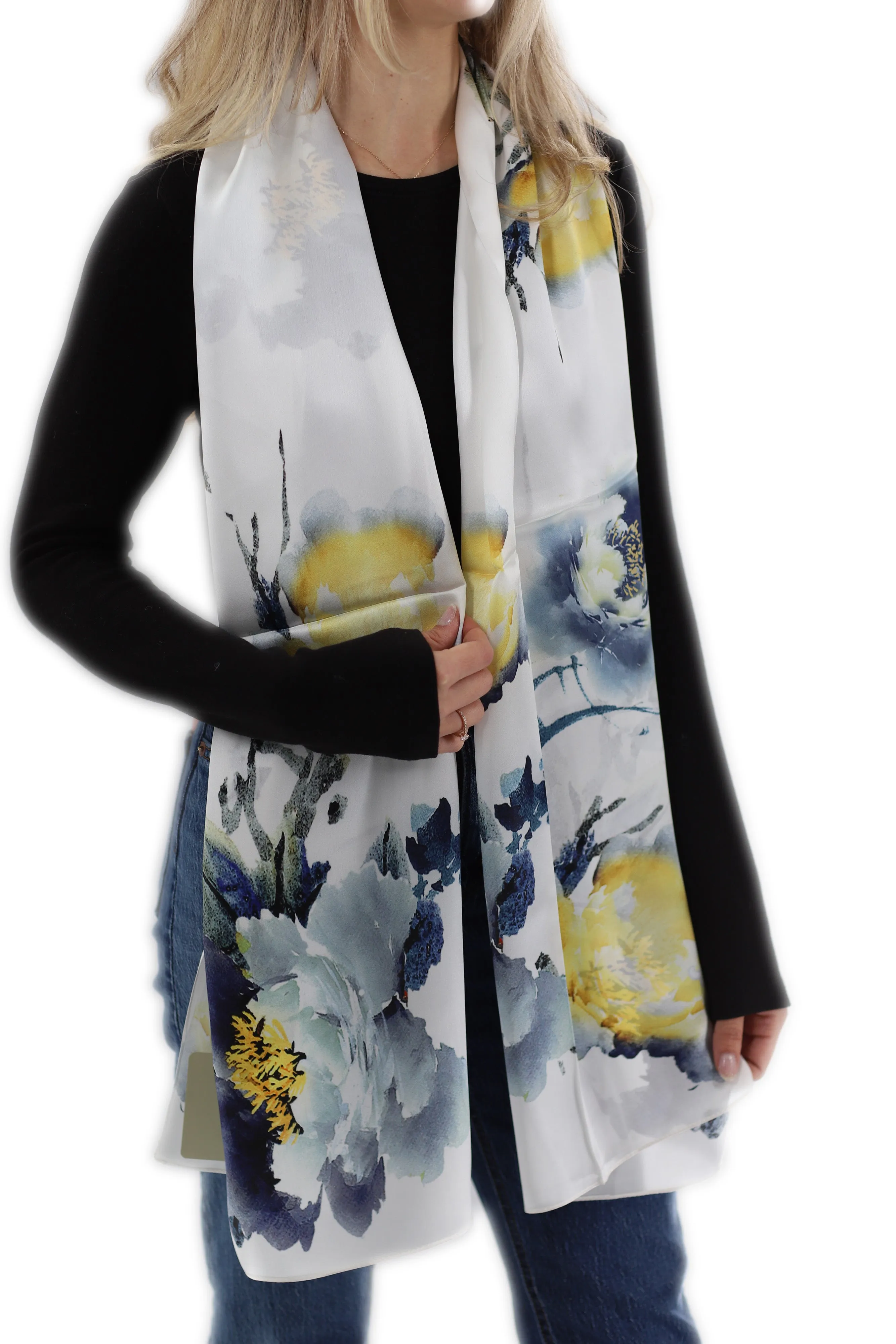 100% Silk Floral Print Scarf - Beige - (One Size 68x21.2in)