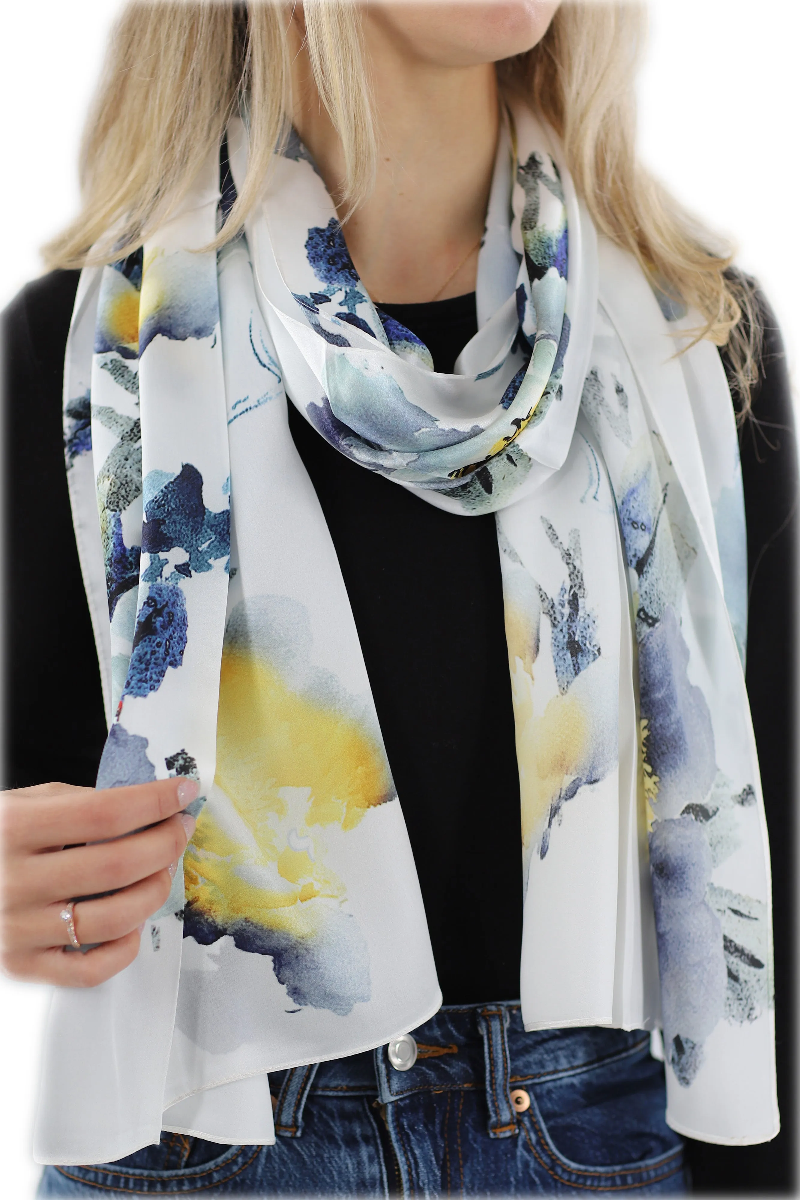 100% Silk Floral Print Scarf - Beige - (One Size 68x21.2in)