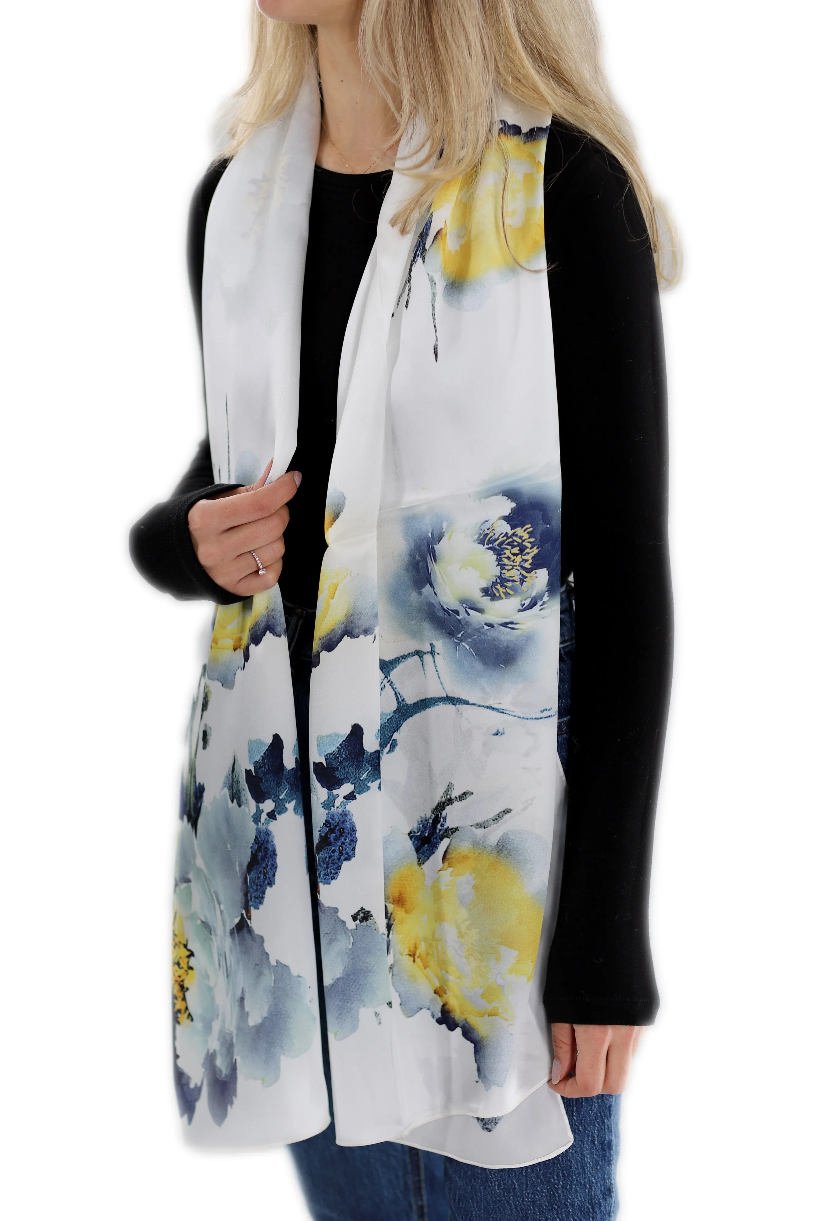 100% Silk Floral Print Scarf - Beige - (One Size 68x21.2in)