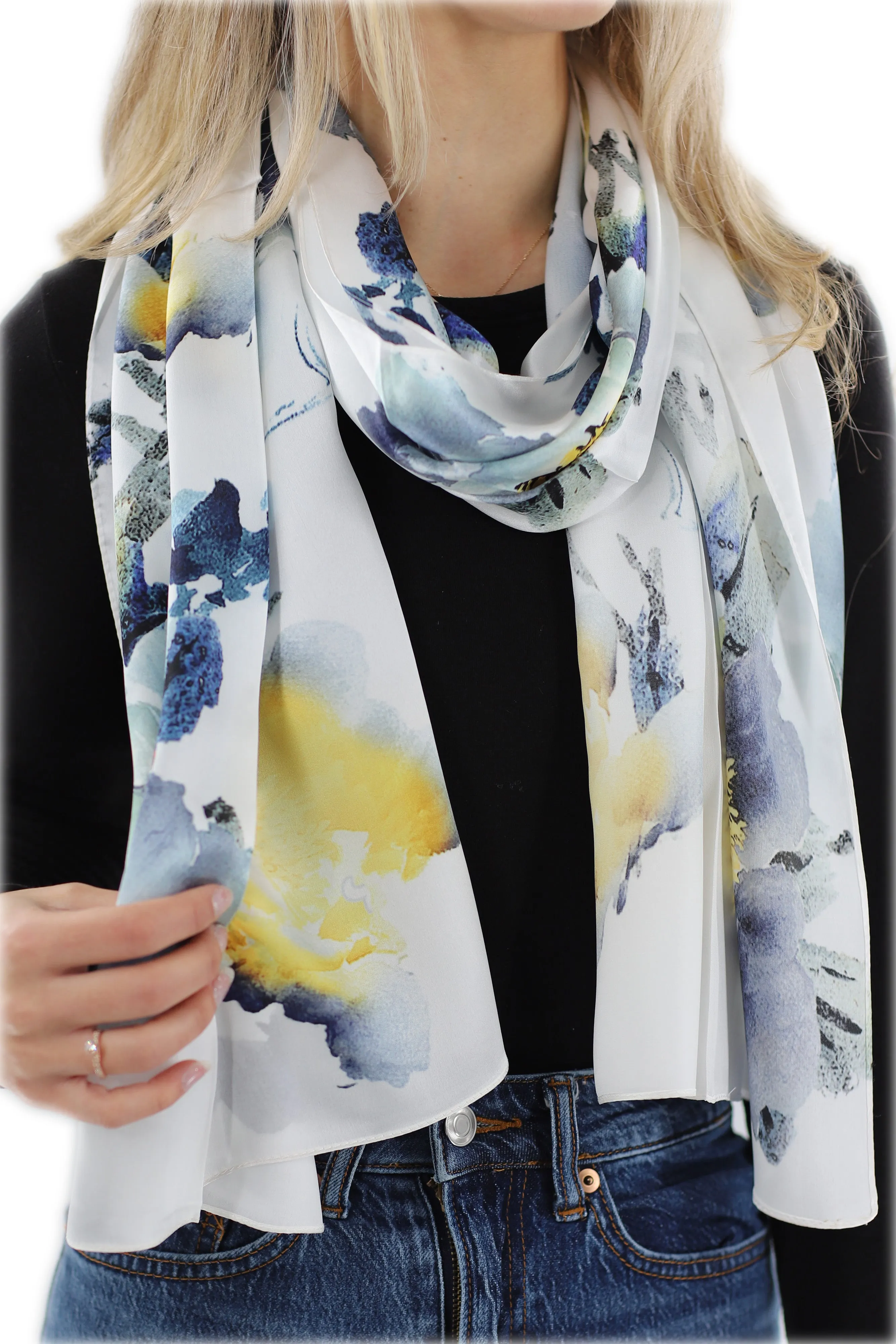 100% Silk Floral Print Scarf - Beige - (One Size 68x21.2in)