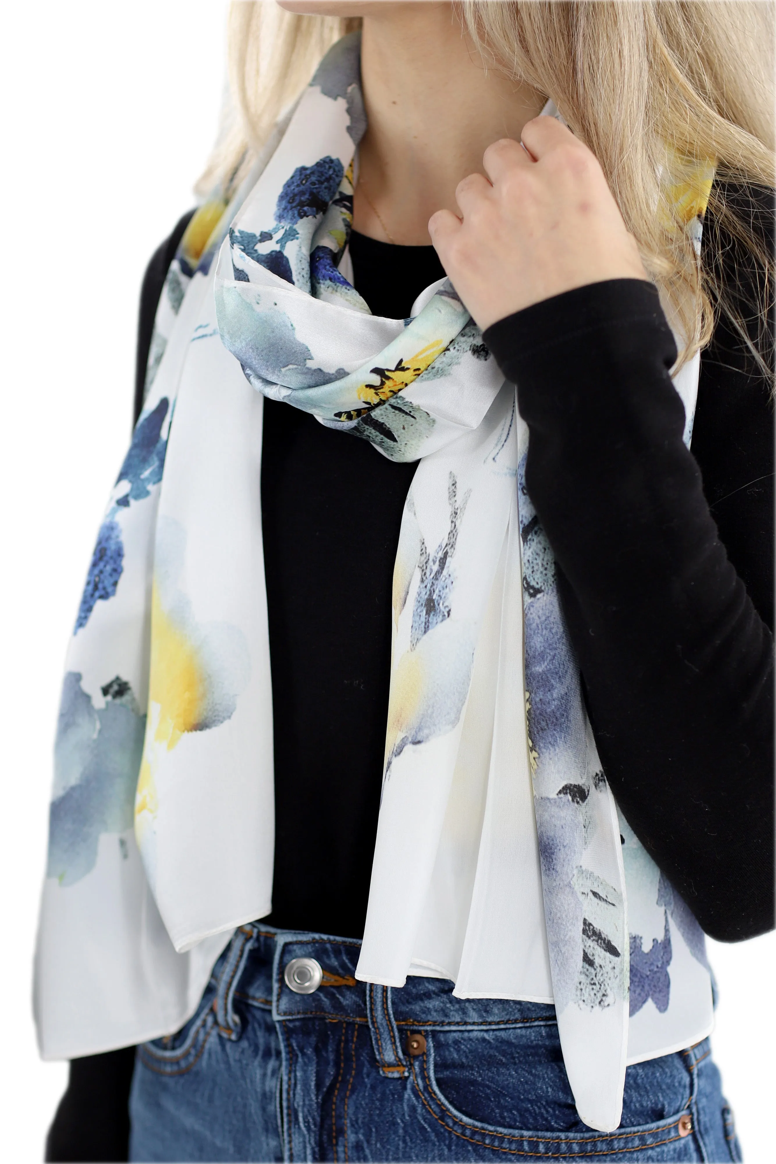 100% Silk Floral Print Scarf - Beige - (One Size 68x21.2in)