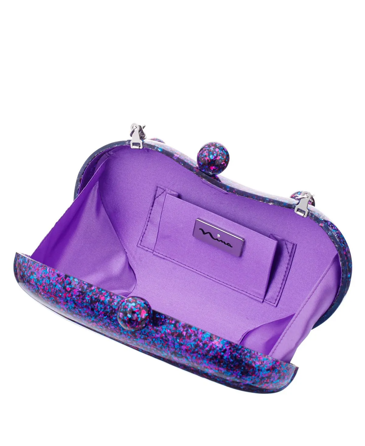 Acrylic minaudiere with print and beaded handle, Nina clutch