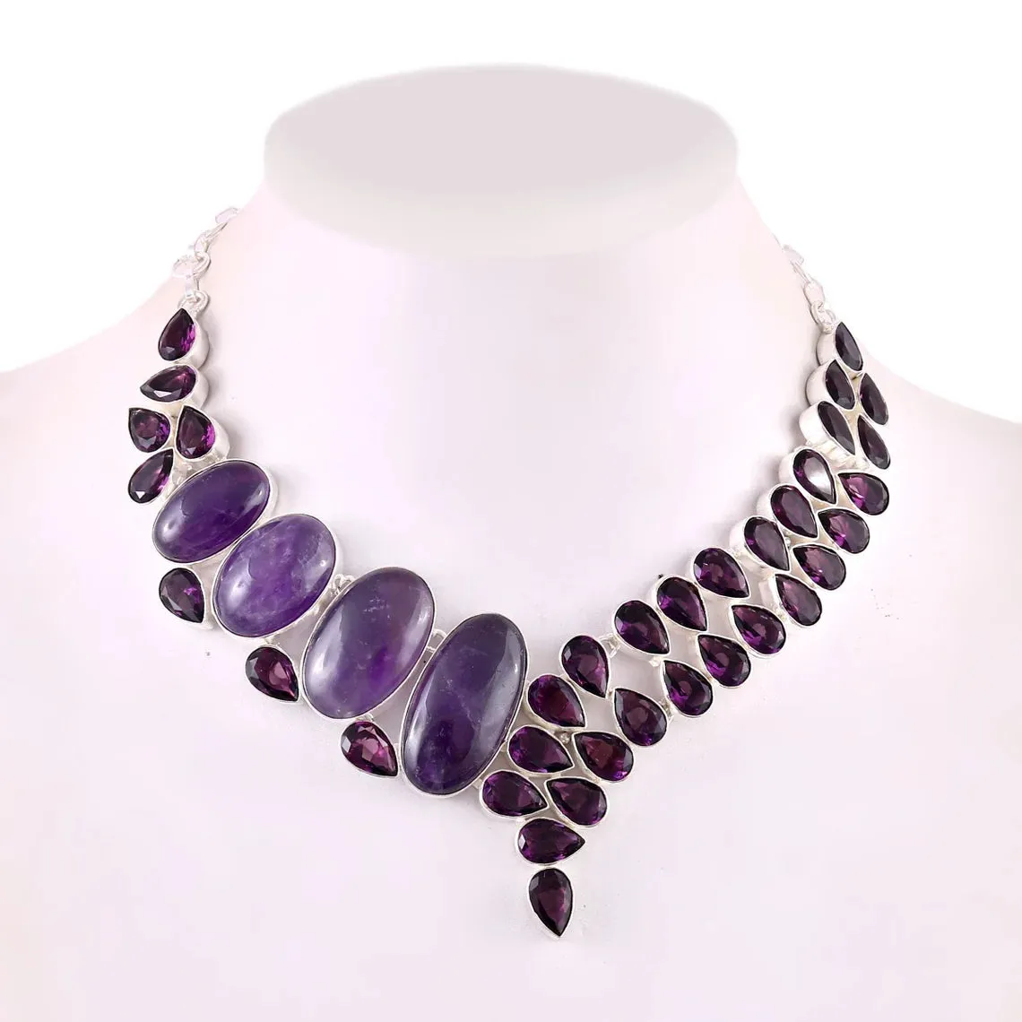 Amethyst Vintage Bib Necklace - 925 Solid Sterling Silver Necklace