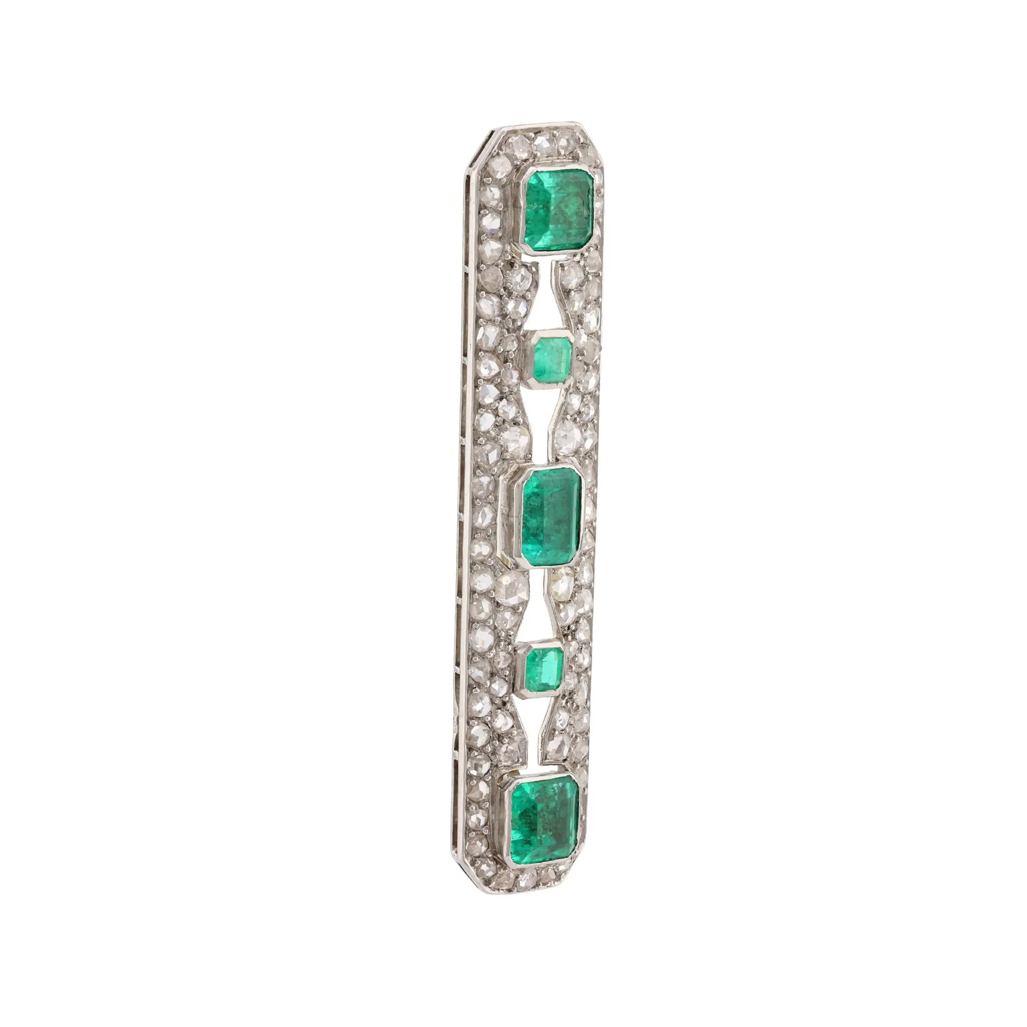 Art Deco French Emerald Diamond 18K White Gold Platinum Bar Brooch