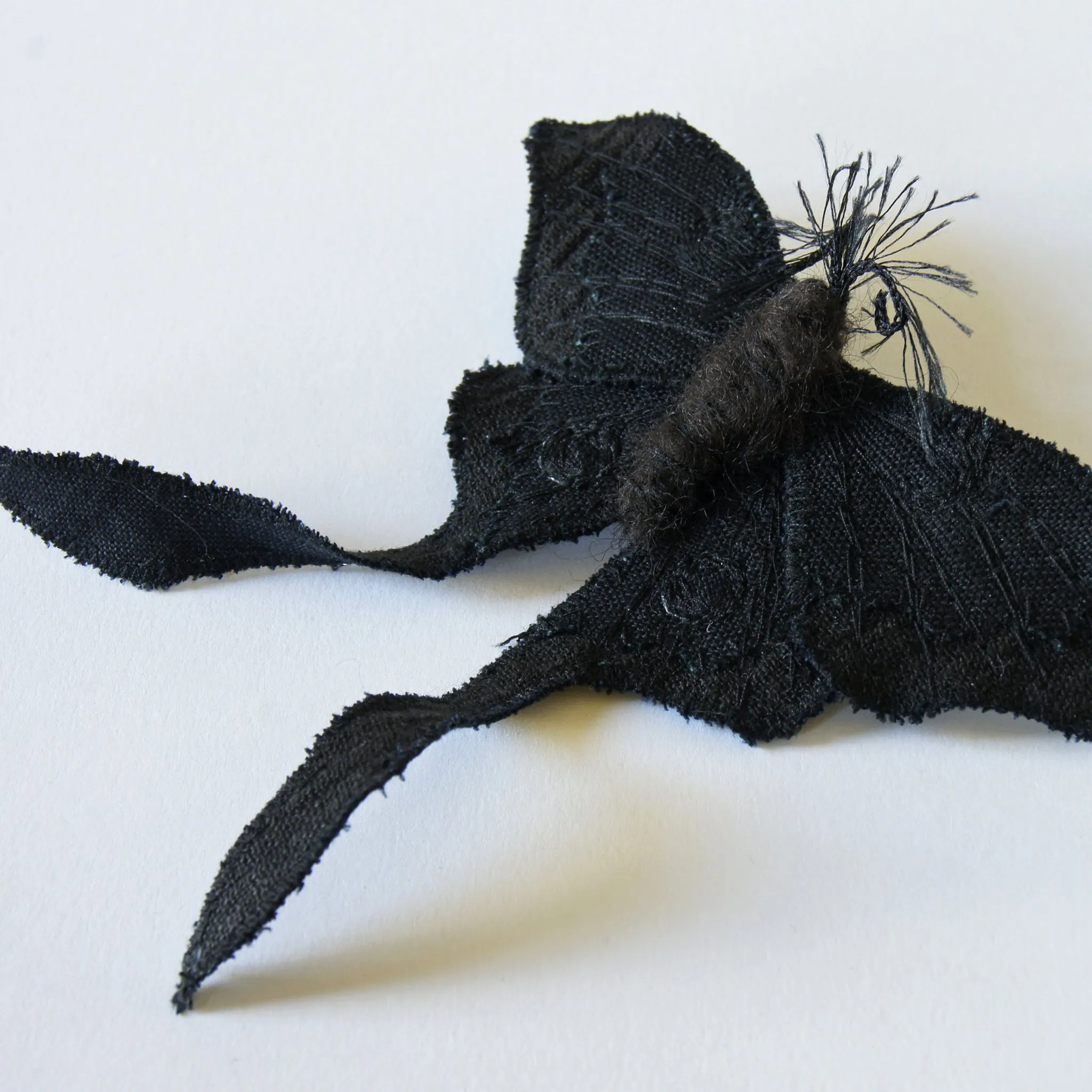 Black & White Luna Moth Fiber Art Brooch Collaboration with Nuit Clothing Atelier