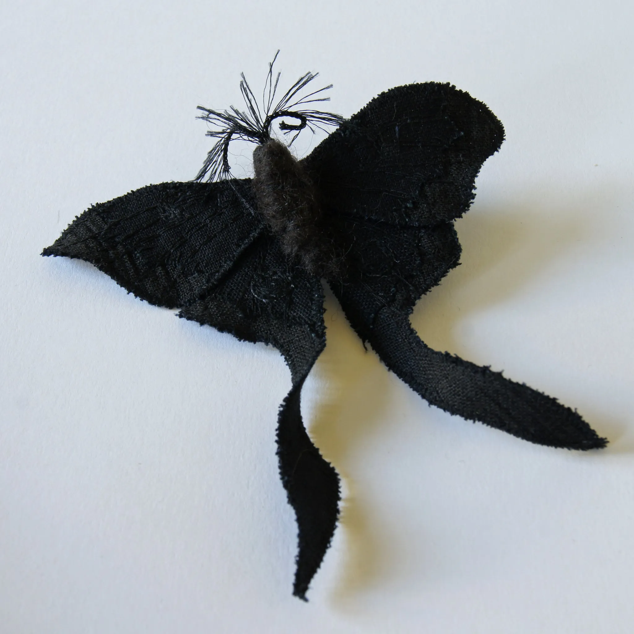 Black & White Luna Moth Fiber Art Brooch Collaboration with Nuit Clothing Atelier