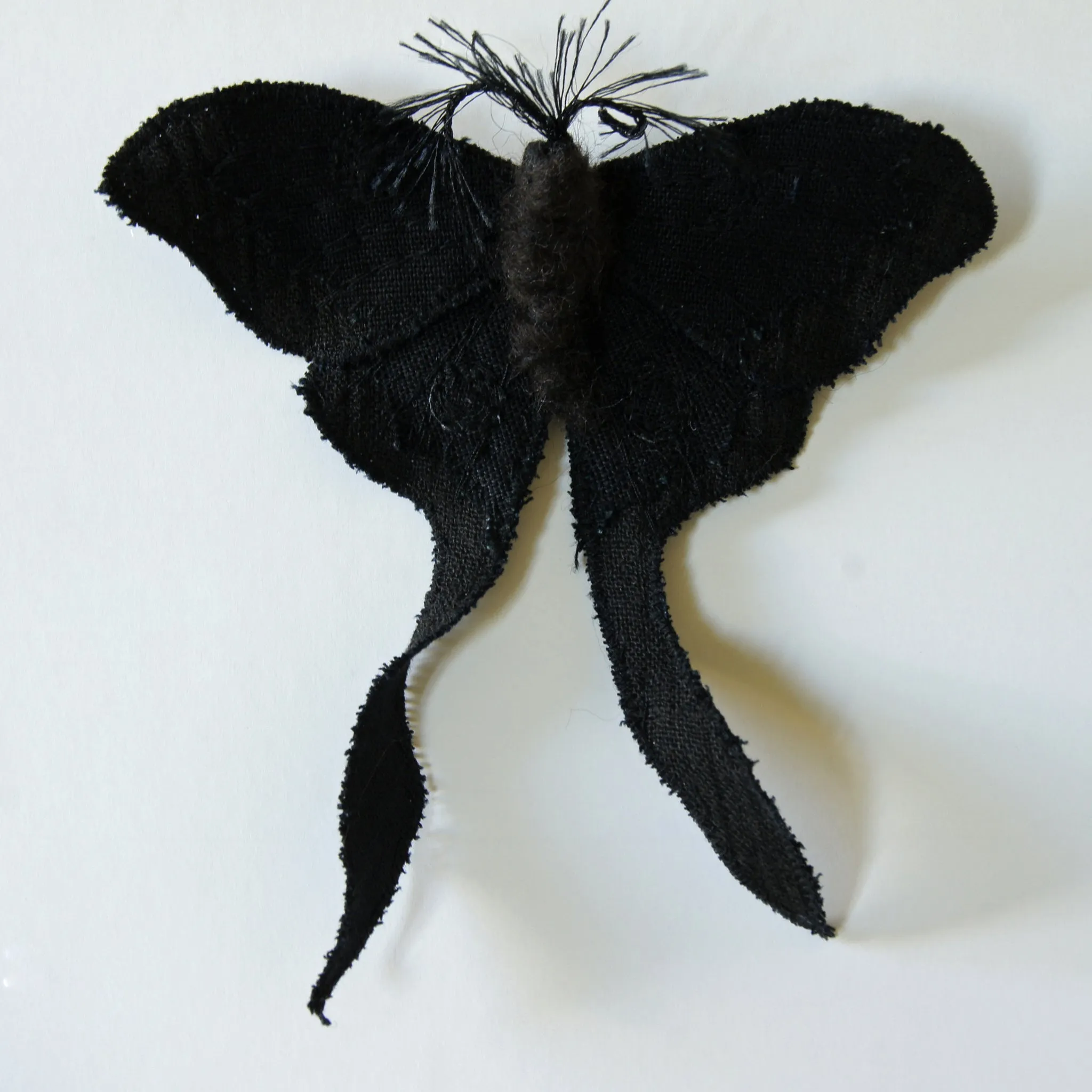 Black & White Luna Moth Fiber Art Brooch Collaboration with Nuit Clothing Atelier