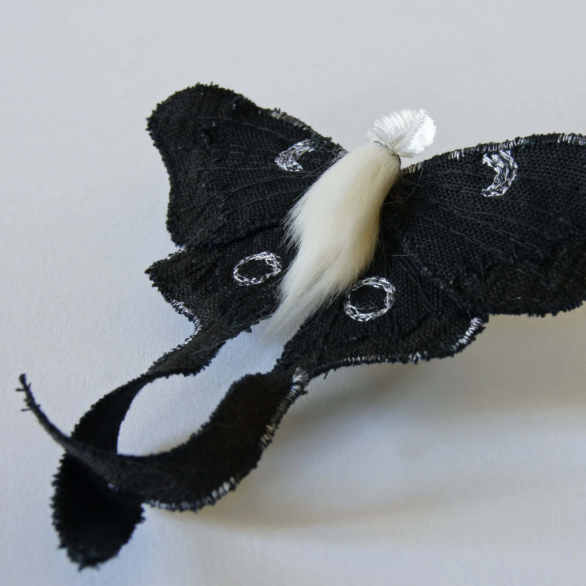 Black & White Luna Moth Fiber Art Brooch Collaboration with Nuit Clothing Atelier