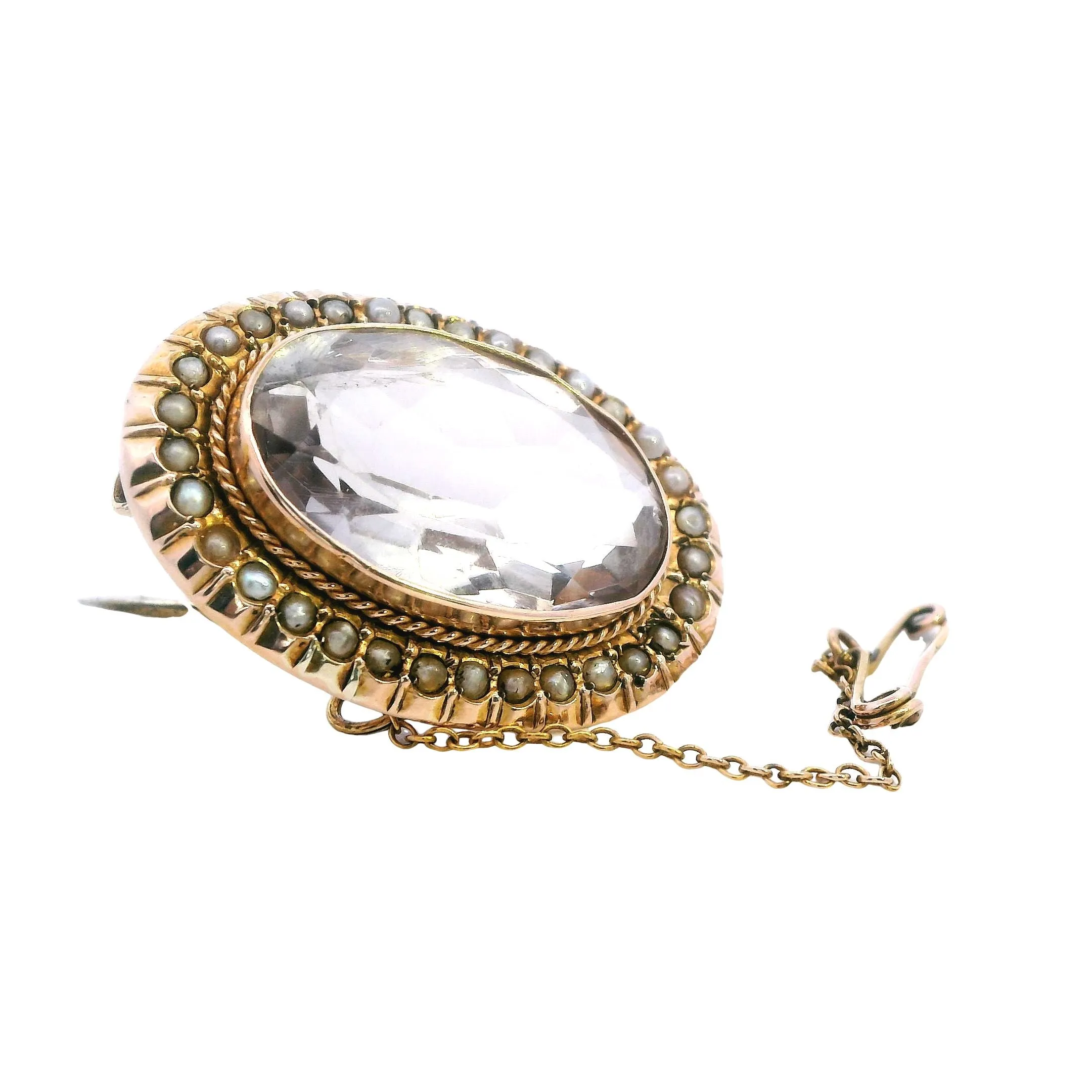 Chic Elegance: 9ct Yellow Gold Pearl & Quartz Brooch - Vintage Glamour