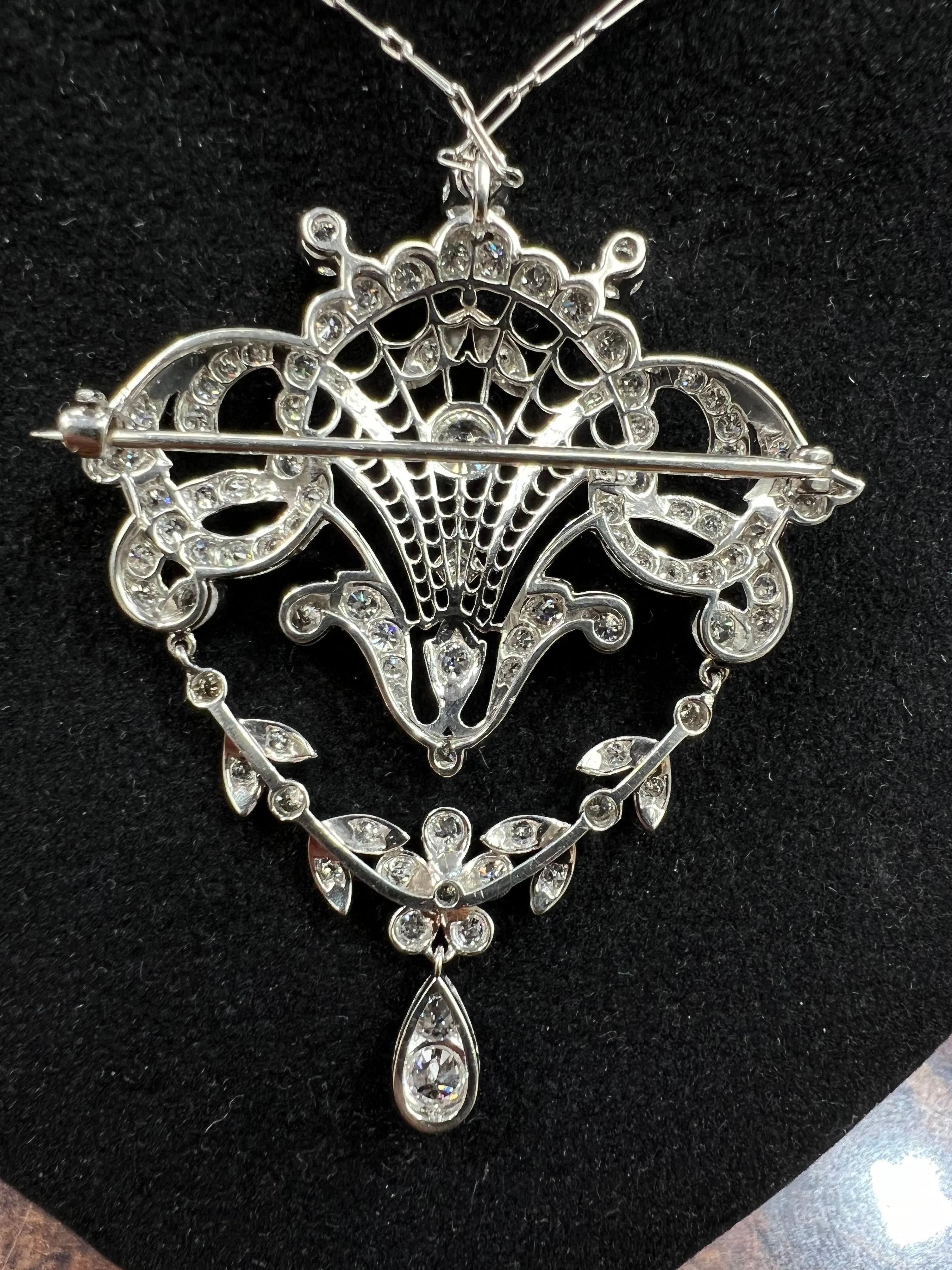 Edwardian Old European Diamond Platinum Brooch Pendant Necklace Circa 1910