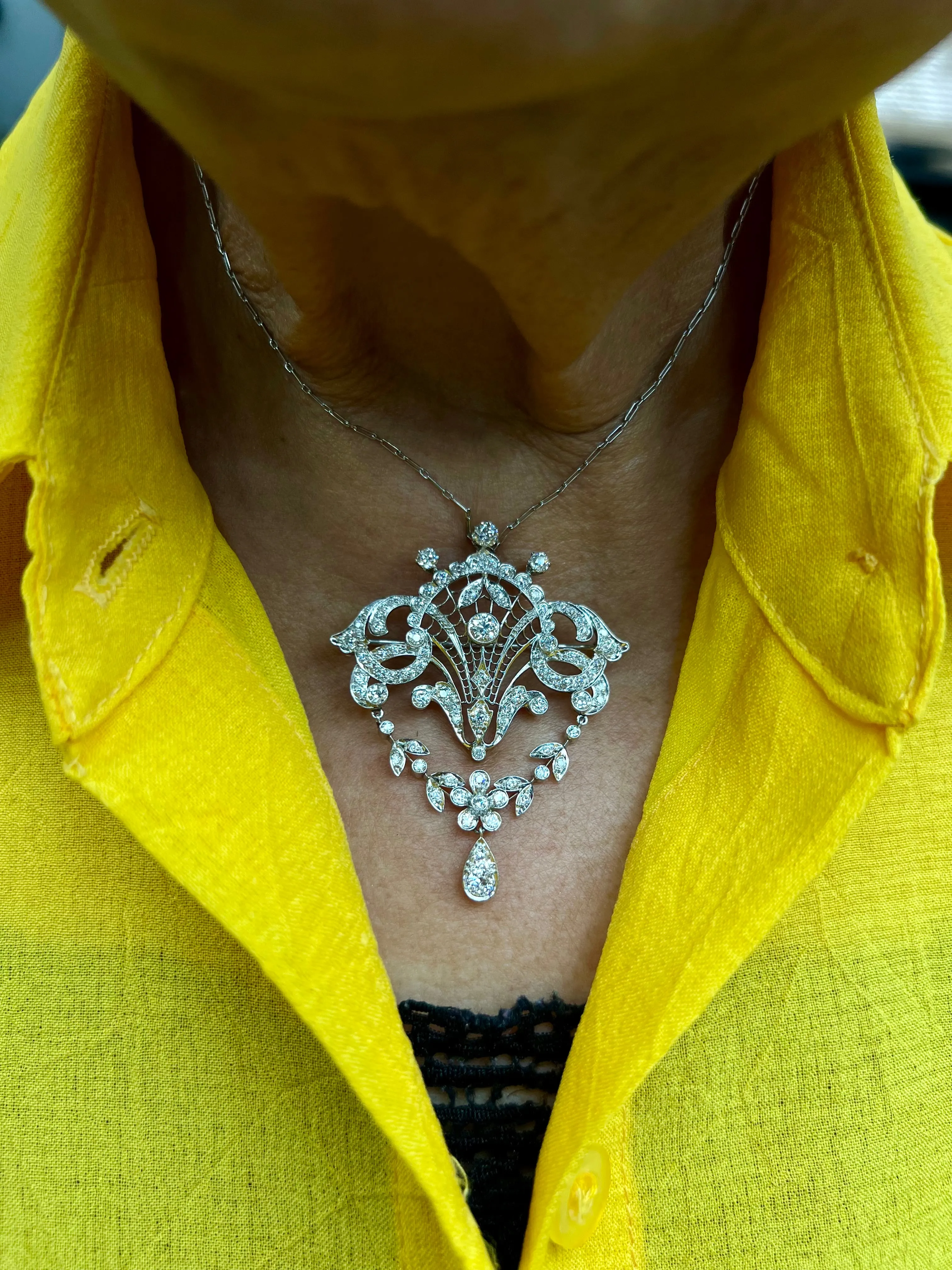 Edwardian Old European Diamond Platinum Brooch Pendant Necklace Circa 1910