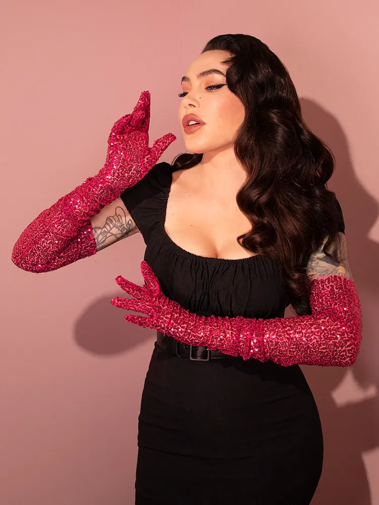 FINAL SALE - Full-Length Opera Gloves in Hot Pink Sequins