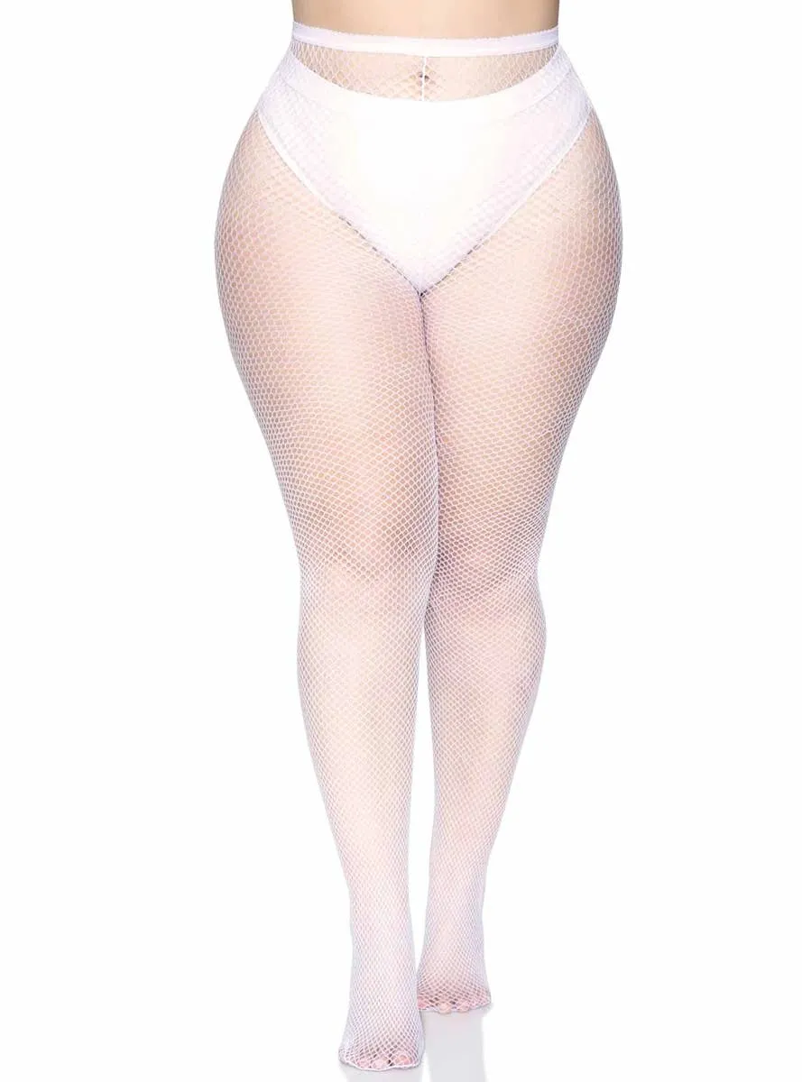 Full Length Plus Size Womens Fishnet Stockings in White