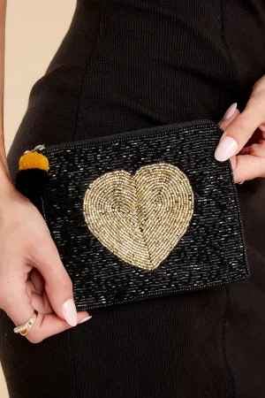 Golden Heart Black Beaded Pouch