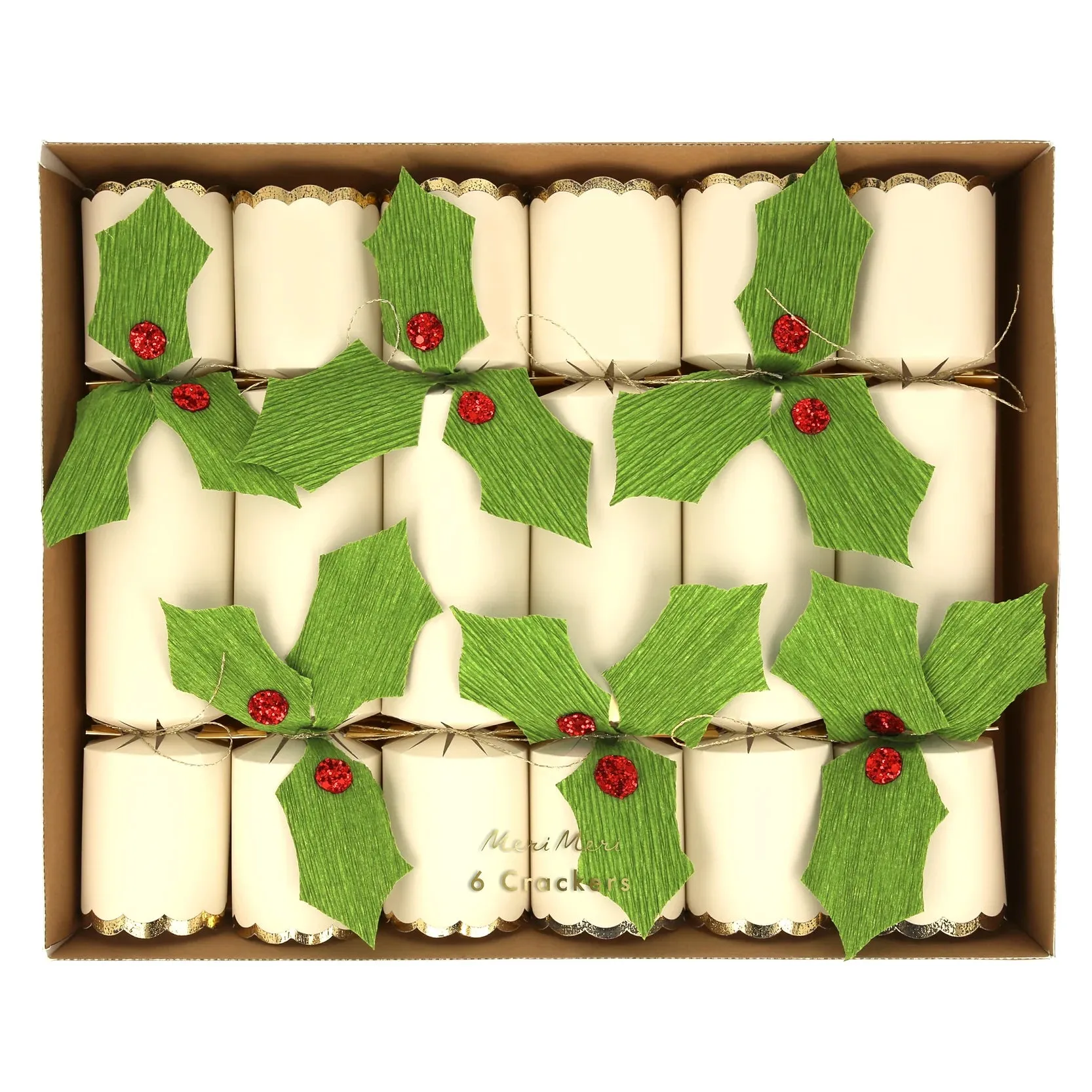 Holly Christmas Crackers, Set of 6 Meri Meri Holly Party Crackers, Includes Party Hat, Joke, and Pin