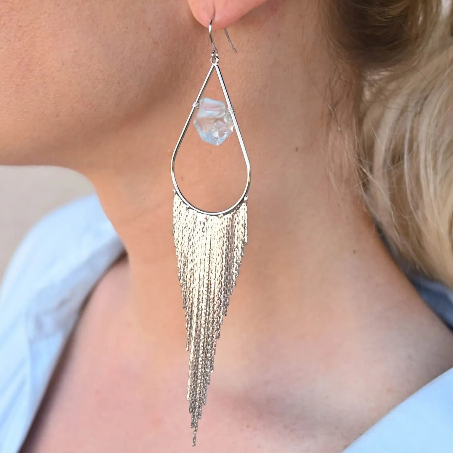 I Trust Aquamarine Silver Fringe Earrings