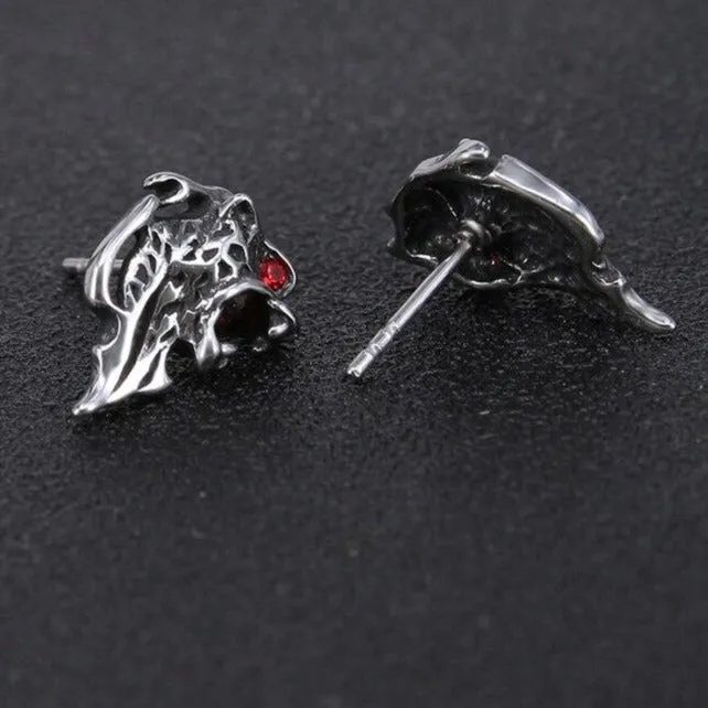 Lion with Red Cubic Zirconia Eyes 316L Stainless Steel Punk Rock Biker Stud Earrings