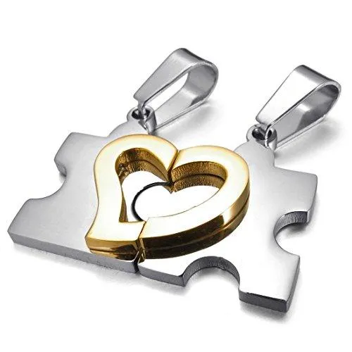 Men Women's 2 PCS Stainless Steel Pendant Necklace Jigsaw Puzzle Heart Love Couple Set