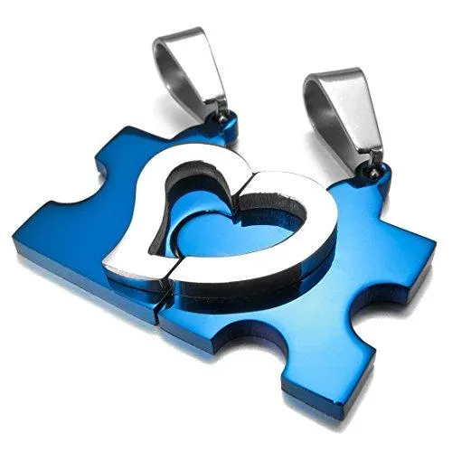 Men Women's 2 PCS Stainless Steel Pendant Necklace Jigsaw Puzzle Heart Love Couple Set