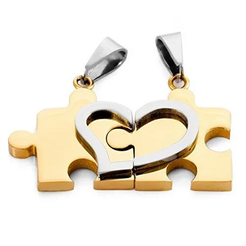 Men Women's 2 PCS Stainless Steel Pendant Necklace Jigsaw Puzzle Heart Love Couple Set