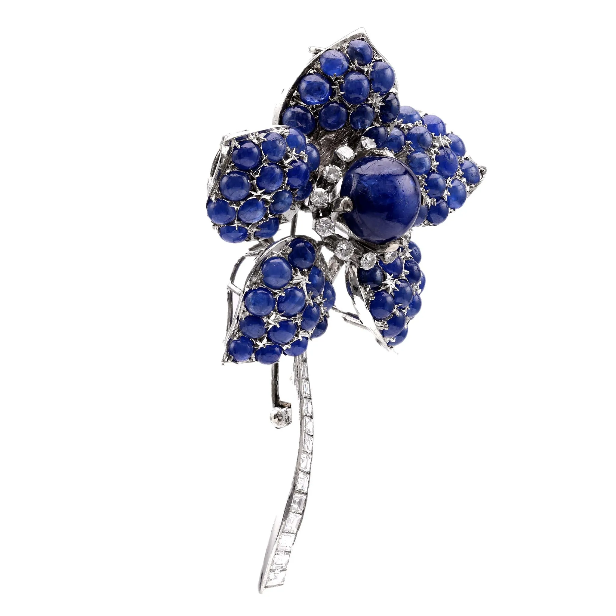 Mid-Century 33 Carat Cabochon Sapphire Diamond 18K White Gold Flower Brooch