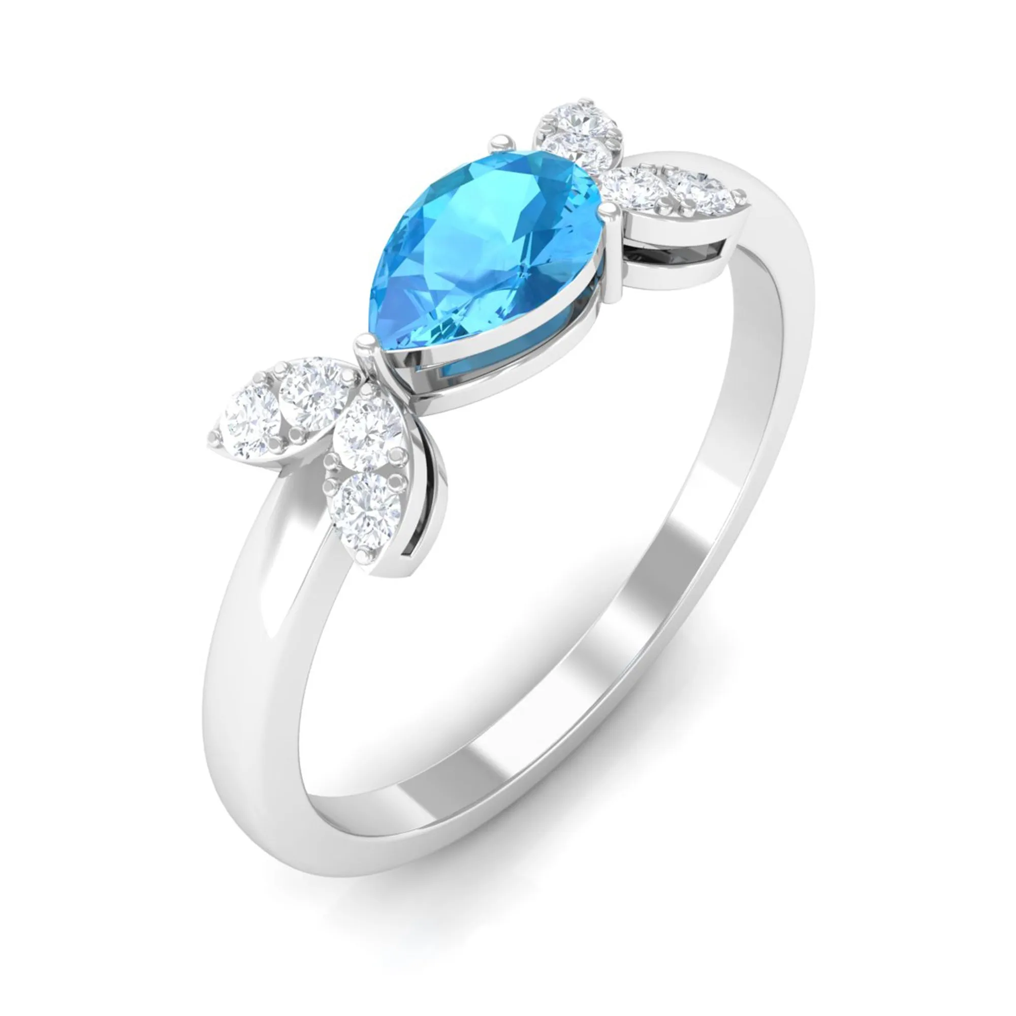 Minimal Swiss Blue Topaz Leaf Promise Ring with Diamond