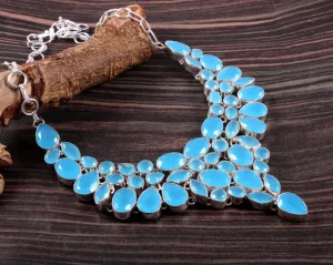 Natural Aqua Chalcedony Bib Necklace  - 925 Sterling Silver Statement Necklace