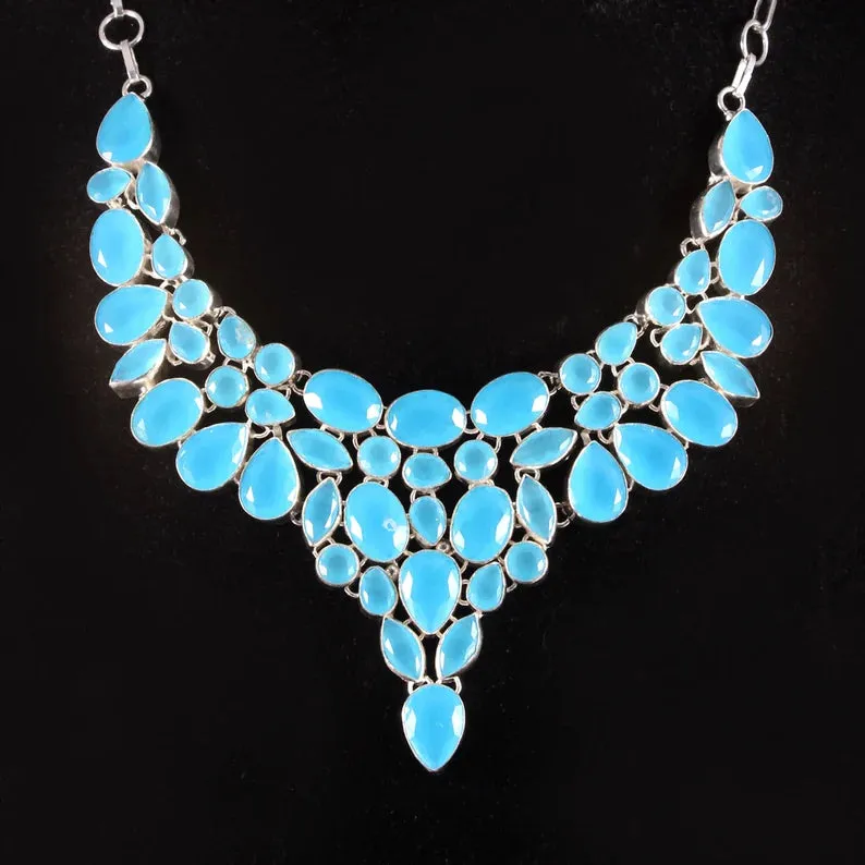 Natural Aqua Chalcedony Bib Necklace  - 925 Sterling Silver Statement Necklace