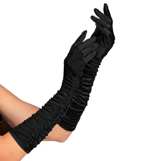 Pleated Satin Black Opera Gloves