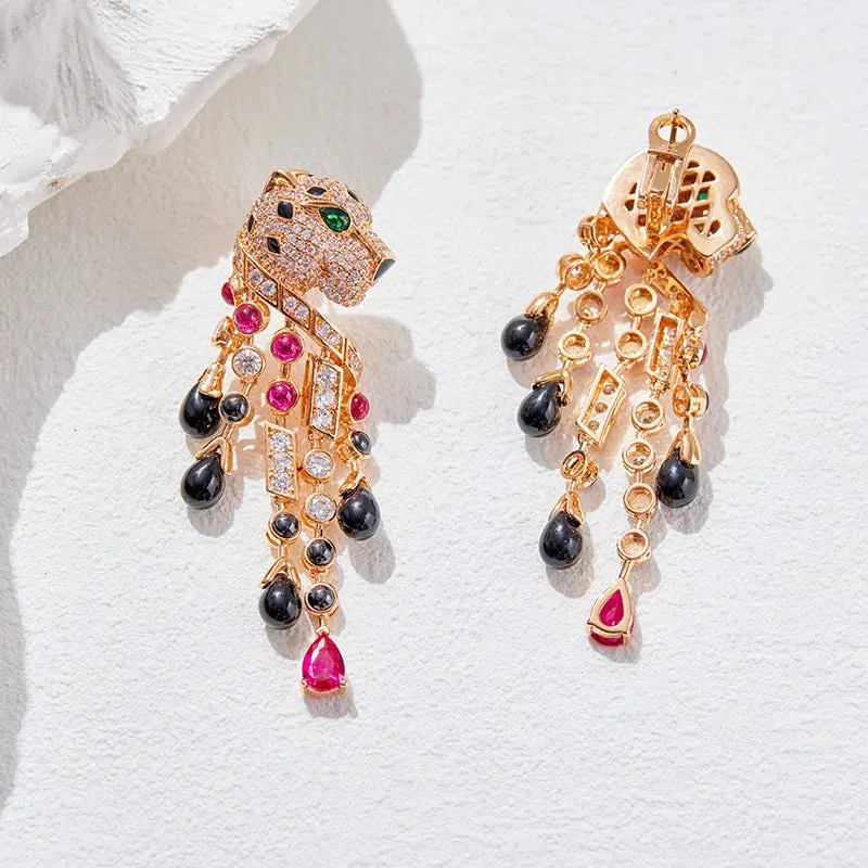 Pre Order:  Panther Rhinestone Tassel Dangle Earrings