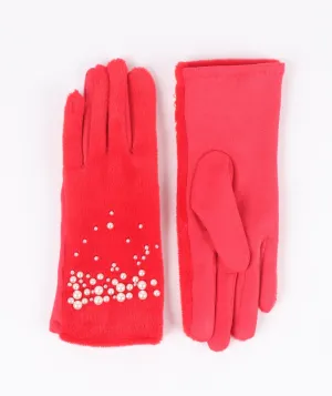 Red Gloves with Pearl Embellishments