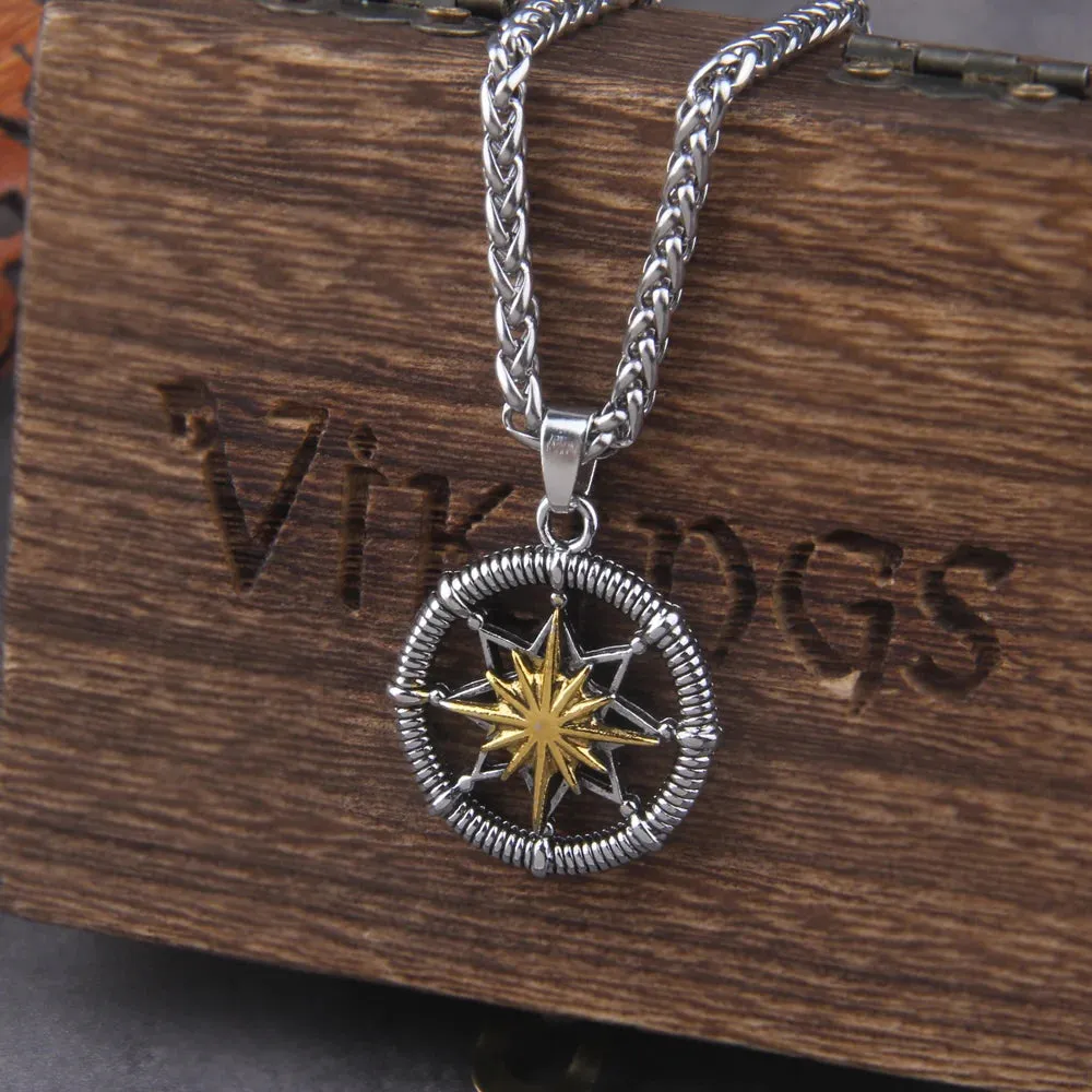 Silver Retro Fashion Twelve Point Star Round Brand Hexagram Sea Compass Viking Necklace