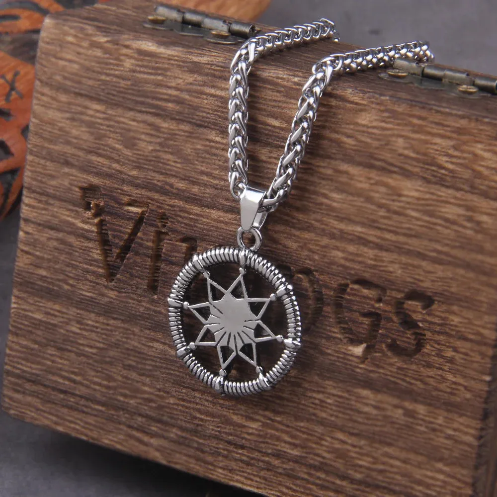 Silver Retro Fashion Twelve Point Star Round Brand Hexagram Sea Compass Viking Necklace