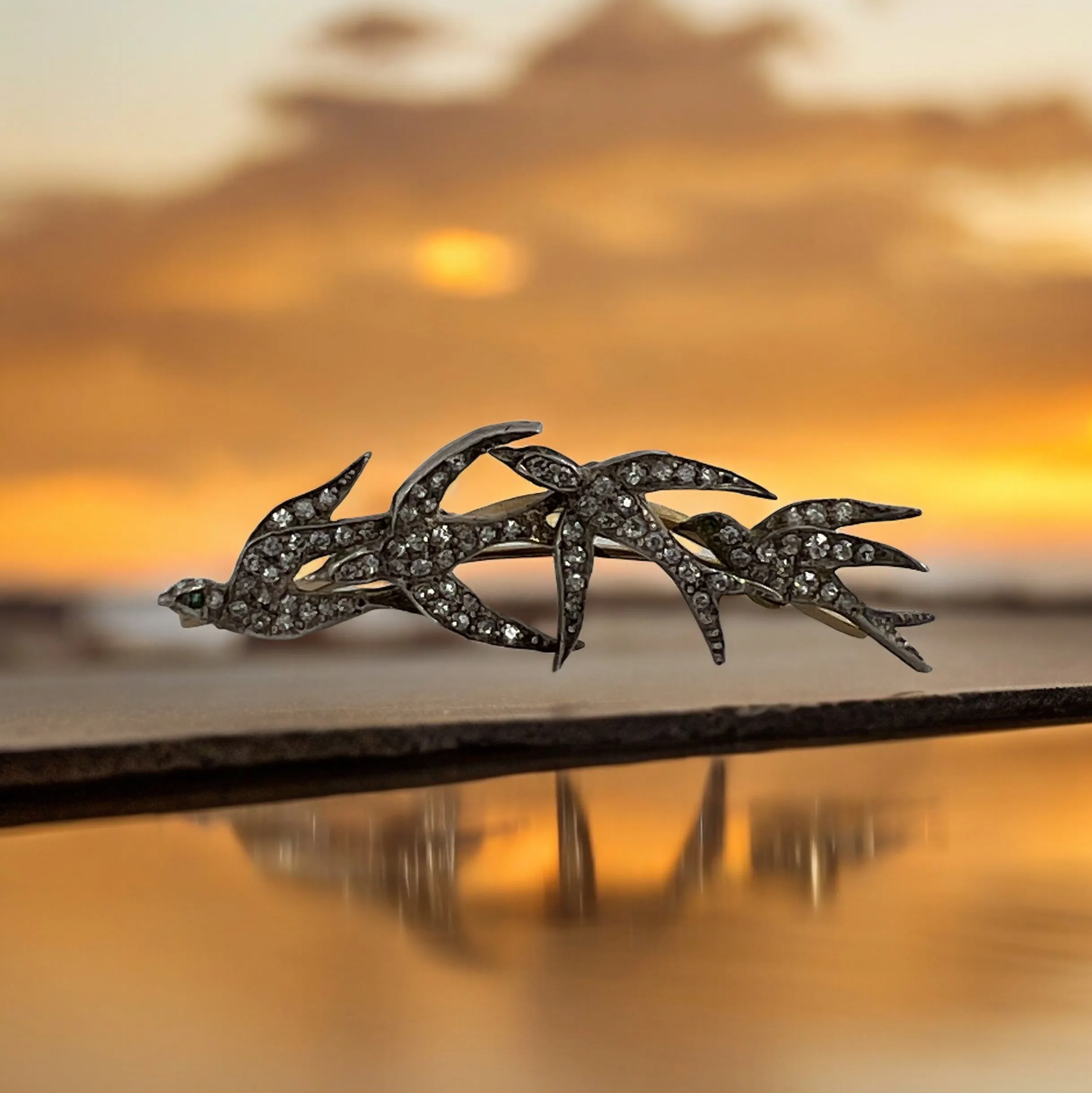 Victorian 4 Swallow Bird Diamond Brooch